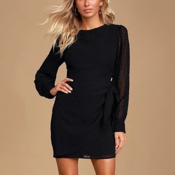 Lulus Dresses & Skirts - Lulus Much Love Dress Large Black Swiss Dot Long Sleeve Tie-Waist Cocktail Women